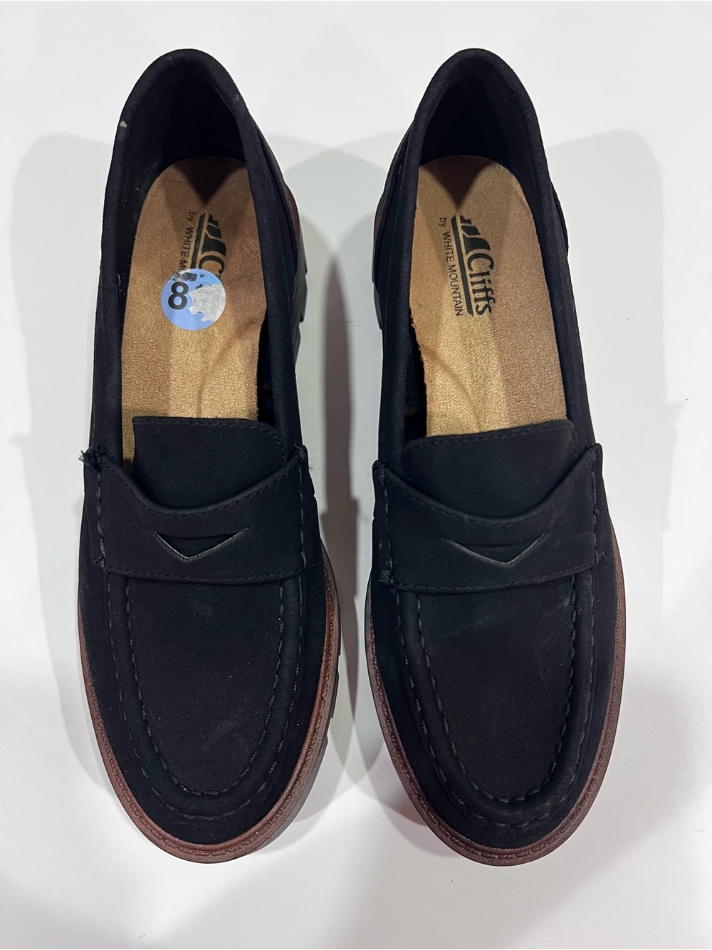 Cliffs by WHITE MOUNTAIN Black Suede Penny Loafers with Brown Sole